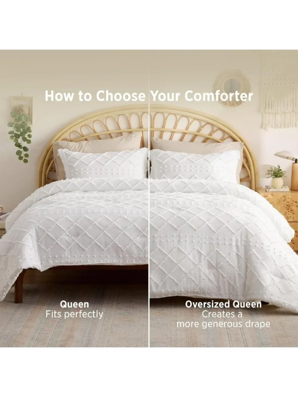 Cozy White Boho Tufted Queen Comforter Set - 3 Piece Farmhouse Bedding, Soft